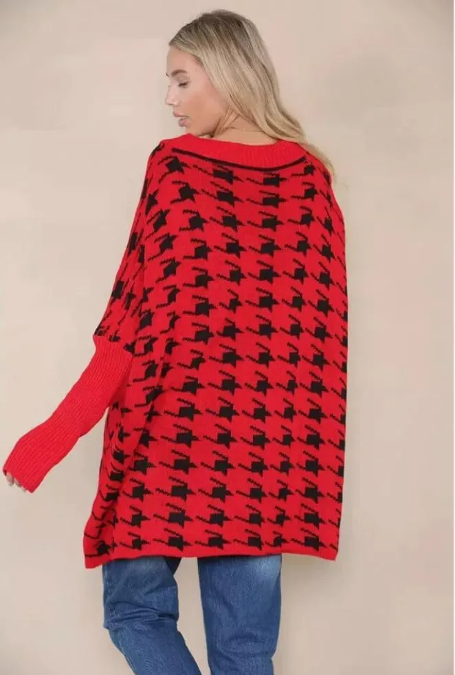 Womens Knitted Oversized Dogtooth Jumper Ladies Tooth Print Sweater Plus Size