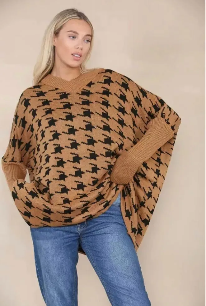 Womens Knitted Oversized Dogtooth Jumper Ladies Tooth Print Sweater Plus Size