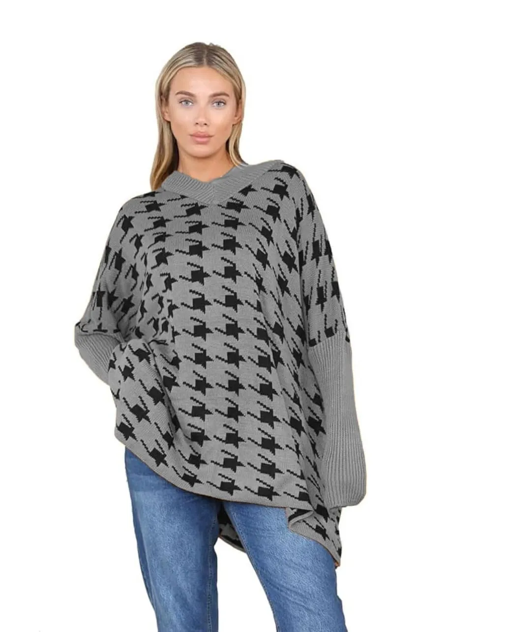 Womens Knitted Oversized Dogtooth Jumper Ladies Tooth Print Sweater Plus Size