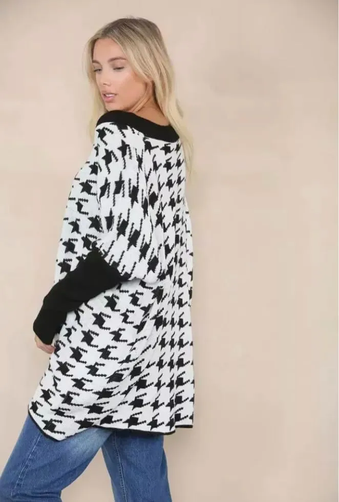 Womens Knitted Oversized Dogtooth Jumper Ladies Tooth Print Sweater Plus Size