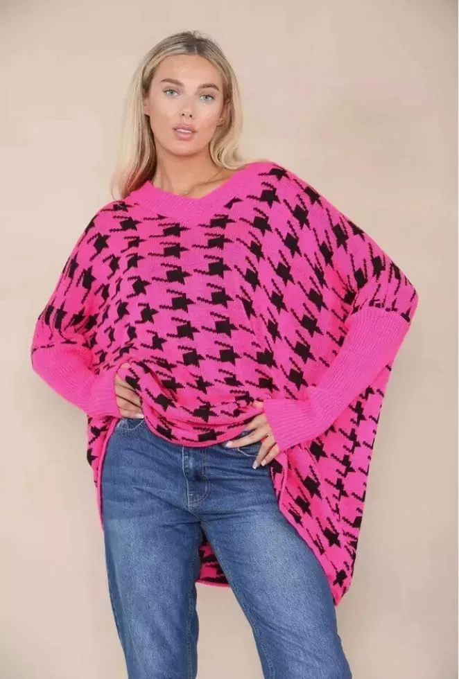 Womens Knitted Oversized Dogtooth Jumper Ladies Tooth Print Sweater Plus Size