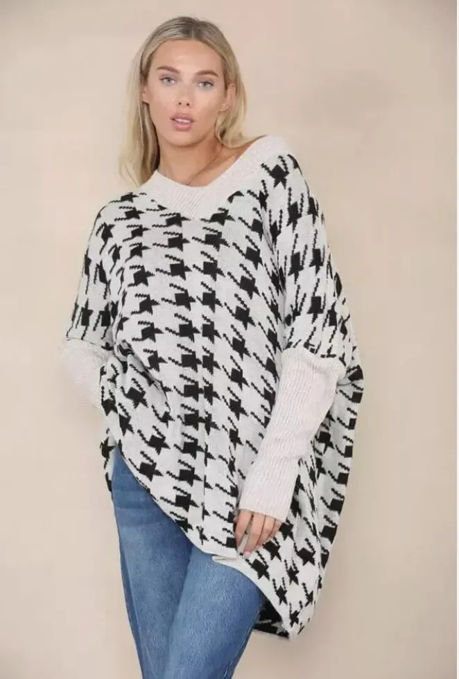 Womens Knitted Oversized Dogtooth Jumper Ladies Tooth Print Sweater Plus Size