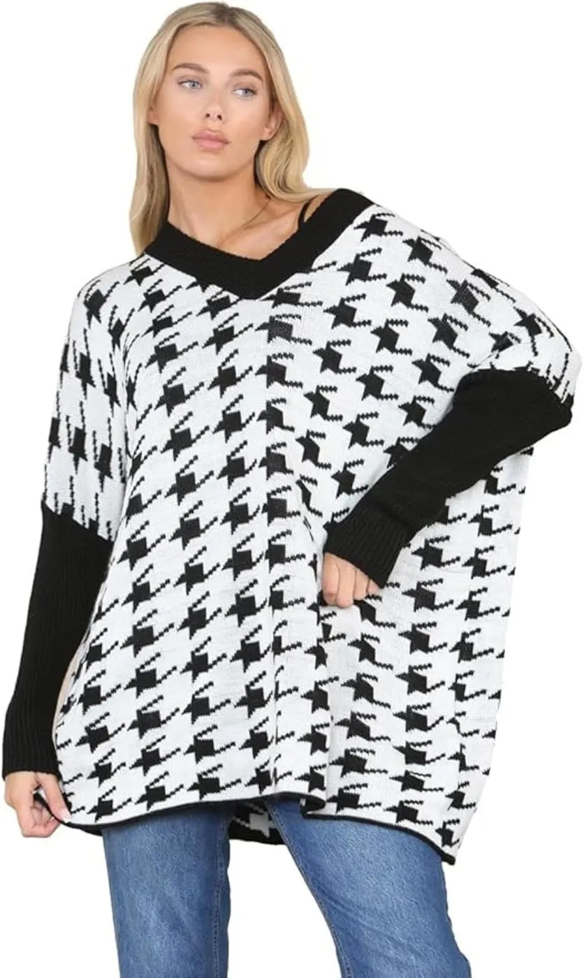 Womens Knitted Oversized Dogtooth Jumper Ladies Tooth Print Sweater Plus Size
