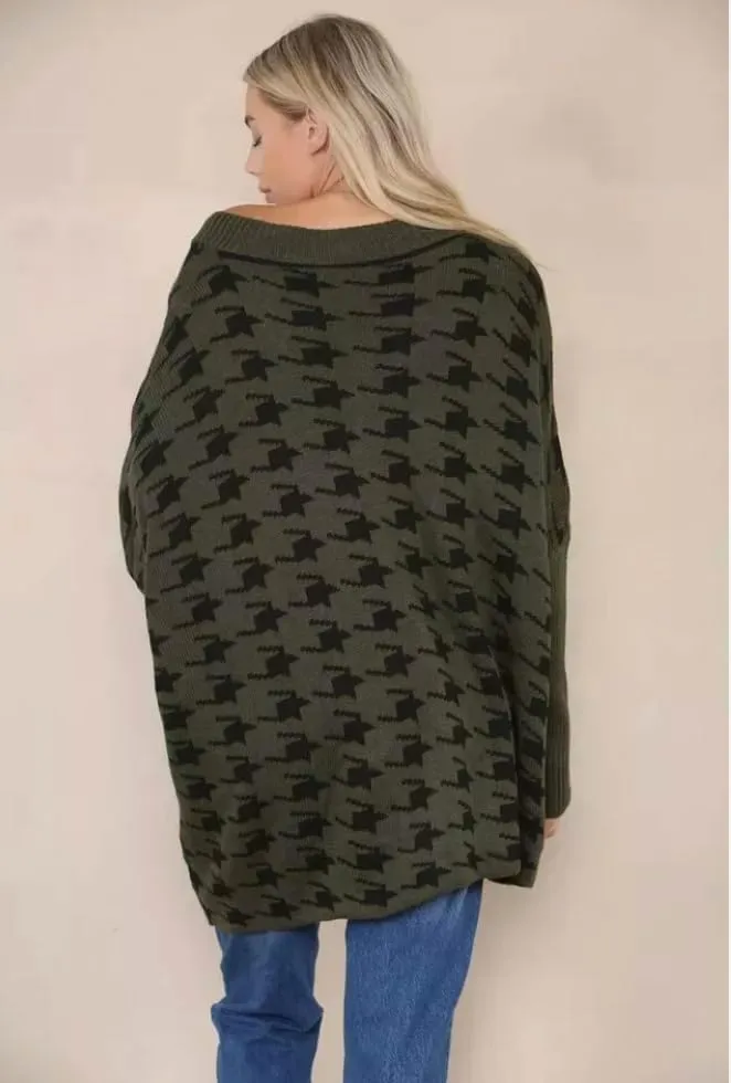 Womens Knitted Oversized Dogtooth Jumper Ladies Tooth Print Sweater Plus Size
