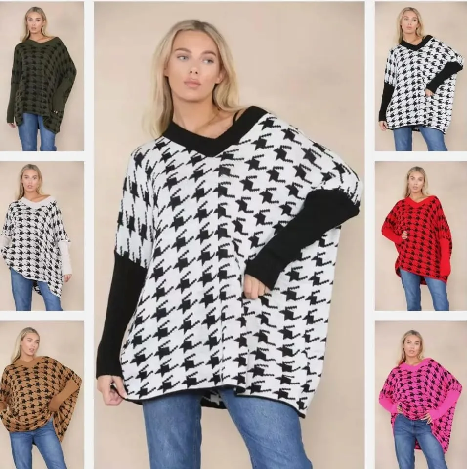 Womens Knitted Oversized Dogtooth Jumper Ladies Tooth Print Sweater Plus Size