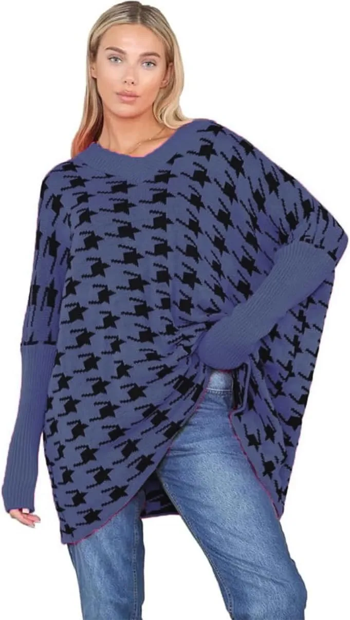 Womens Knitted Oversized Dogtooth Jumper Ladies Tooth Print Sweater Plus Size