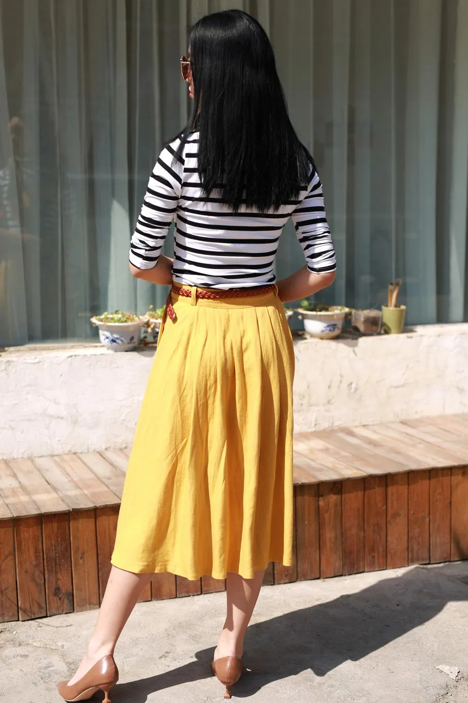yellow linen pleated skirt 2170#