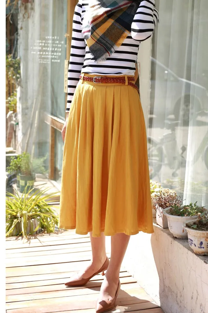 yellow linen pleated skirt 2170#
