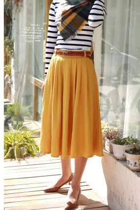 yellow linen pleated skirt 2170#