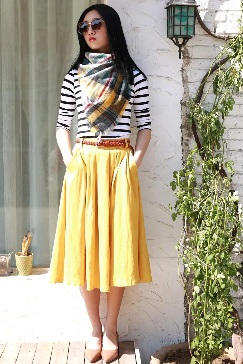 yellow linen pleated skirt 2170#