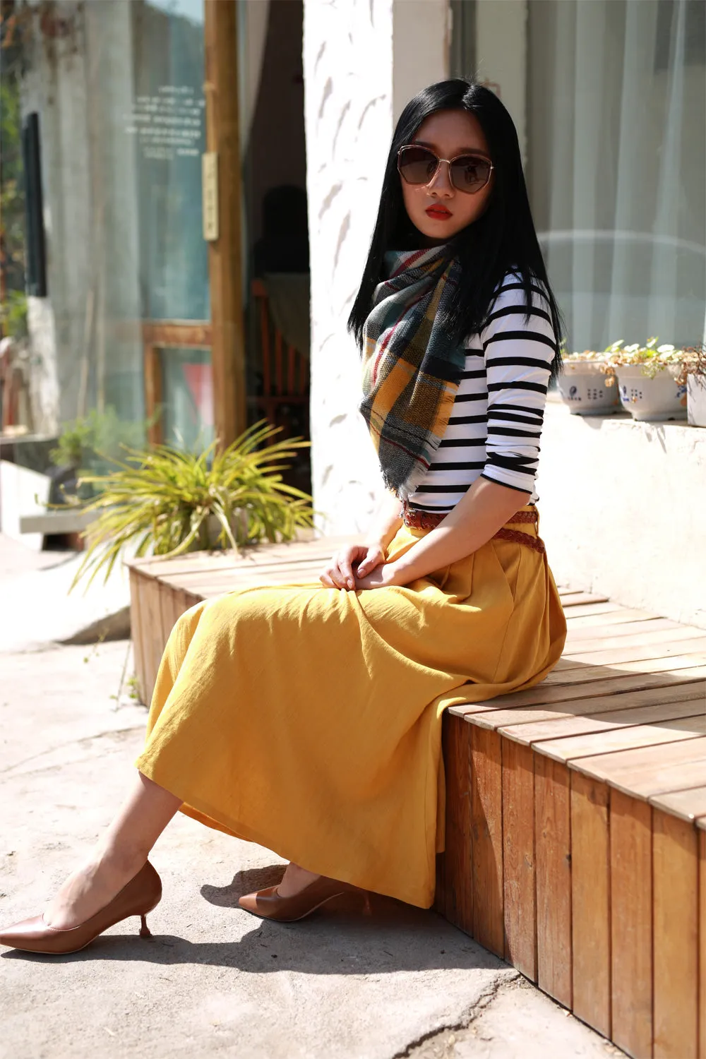 yellow linen pleated skirt 2170#