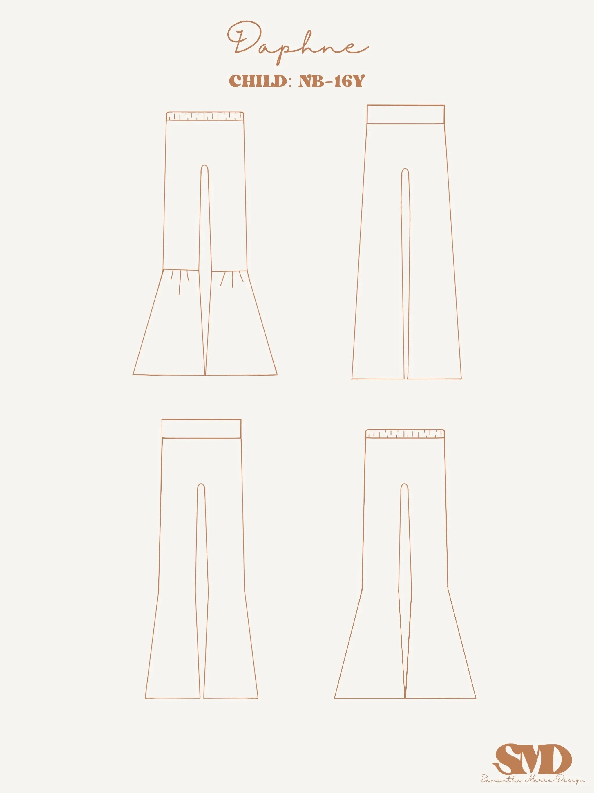 Youth Daphne Bells, Wide Leg and Flare Pants Digital Sewing Pattern Sizes NB-16Y